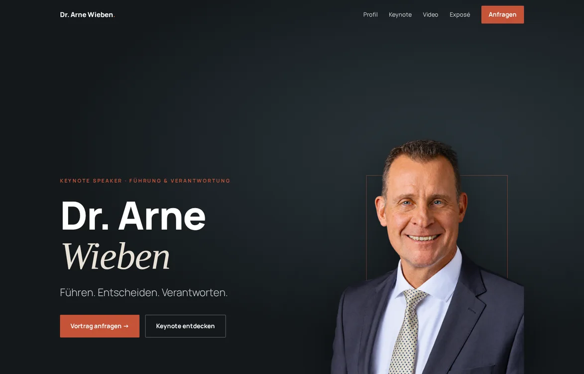 Auszug der veröffentlichten Speaker-Website für Dr. Arne Wieben, mit seinem Porträt und dem Thema Führung und Verantwortung