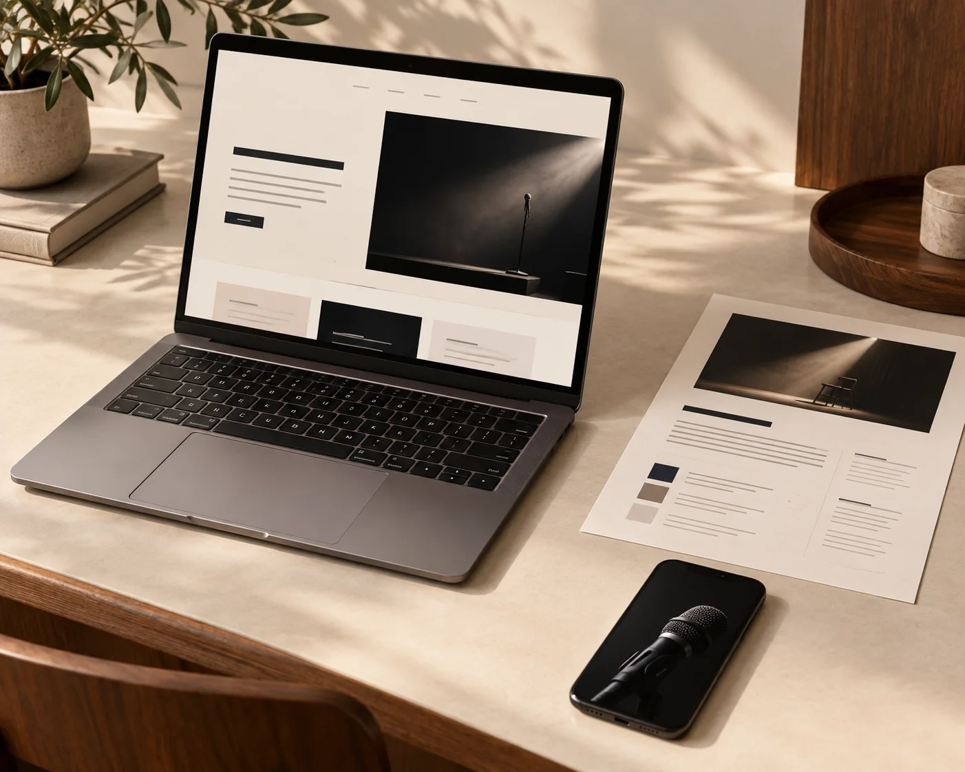 Illustrative Materialansicht: Laptop, Speaker-Onepager und Smartphone auf einem hellen Schreibtisch